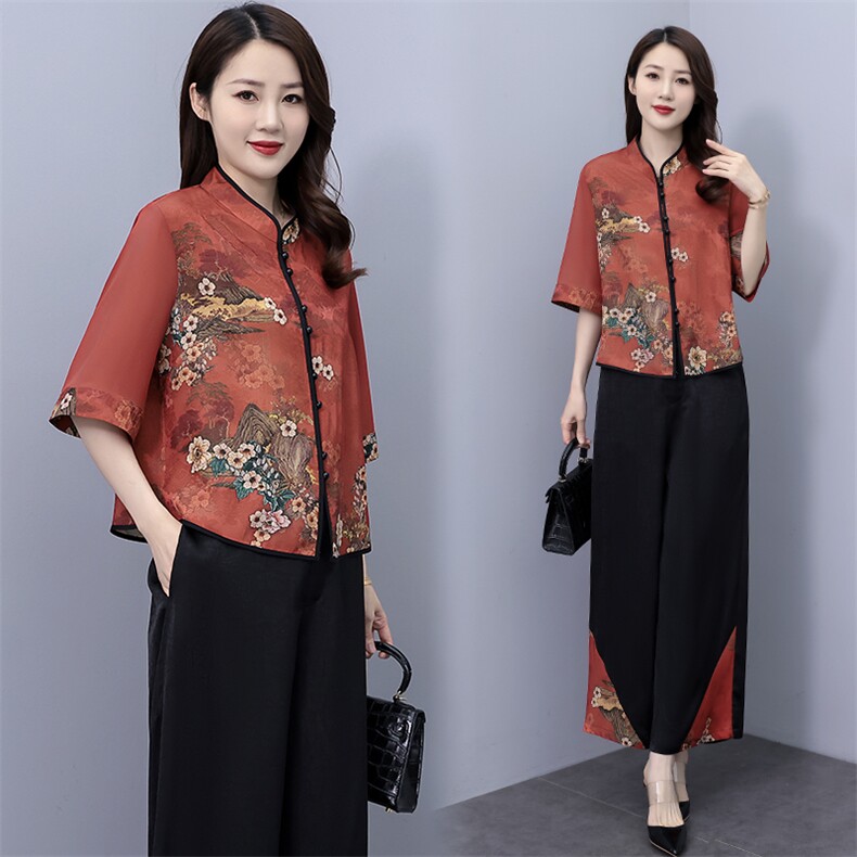 2025年夏季新款时尚套装女宽松气质百搭中式妈妈装棉麻裤子两件套，女装套装/套裙，华秀衣