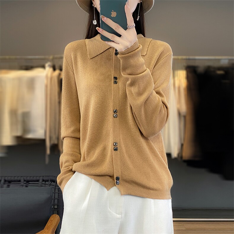 开衫女翻领纯色秋冬新款百搭外套毛衣羊毛针织上衣，女装羊毛衫，总能电商供货