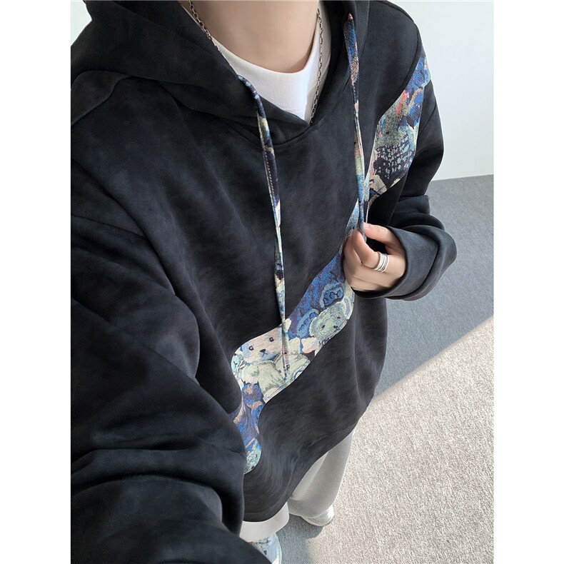 WY10200-特批40 春季新款连帽设计感拼接撞色宽松大码扎染卫衣男图片