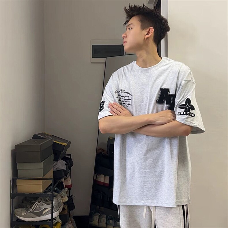 万针全刺绣工艺抖音得物高品质260克重磅纯棉双纱美式高街短袖T恤,男装T恤,电商A486