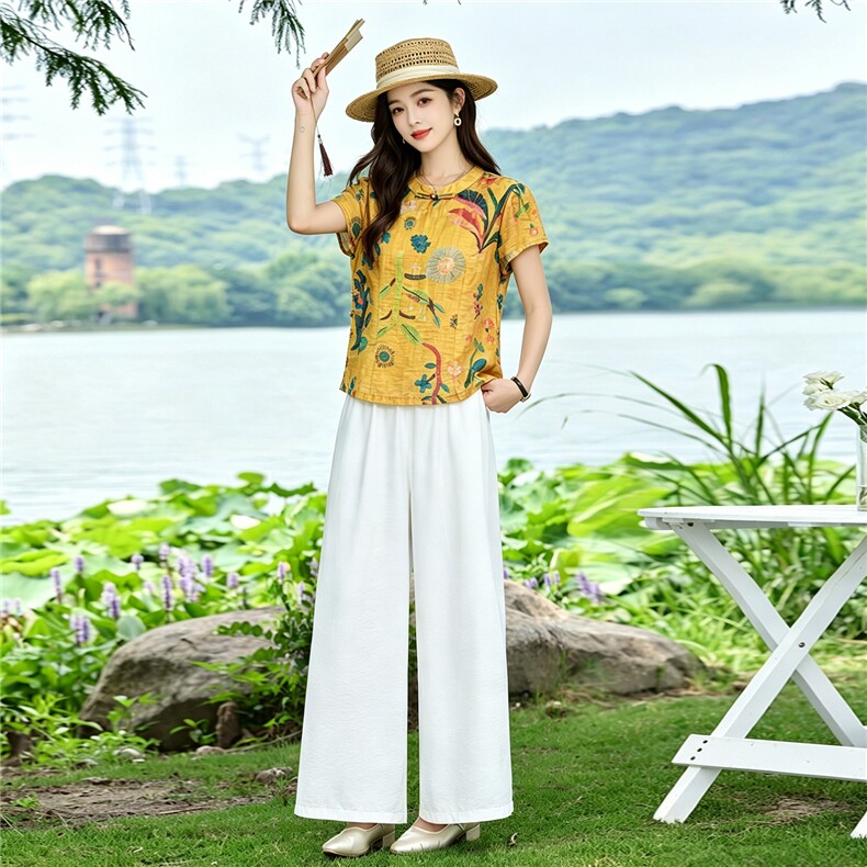 现货！夏季套装2026新款松弛感新中式盘扣上衣服女两件套端庄大气,女装套装/套裙,衣之秀