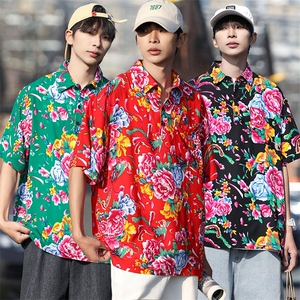 P01中性男女休闲大码花衣服polo衫宽松透气东北大花风团队服