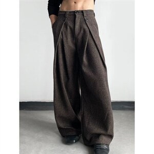 老钱风千鸟格A字打褶西裤男垂感抗皱微喇裤子直筒阔腿裤CAH918，男装西裤，星座516A