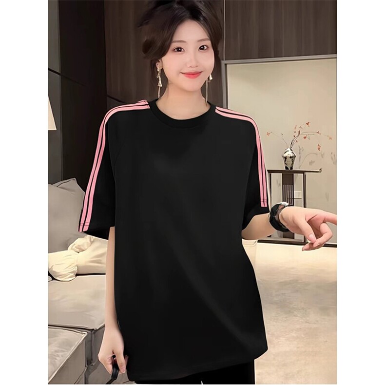抖音得物品质二开240克宽松纯棉美式潮牌印花三条杠中性风短袖T恤图片