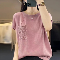 短袖T恤女士2025新款夏季高级感重工上衣宽松大码女装冰丝针织衫，女装针织衫/毛衣，萱芳婷羊绒