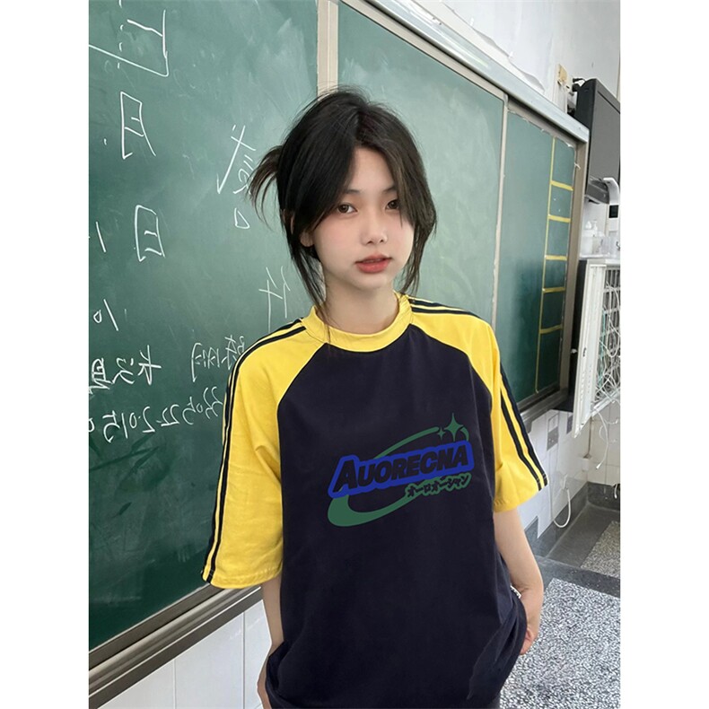 夏季美式高街重磅纯棉三条杠织带插肩撞色男女短袖T恤CZ88-特P25,男装T恤,电商A486