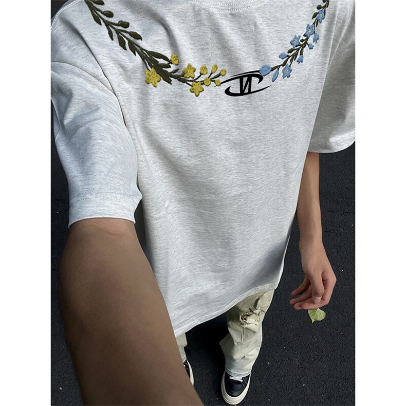 万针全刺绣解构设计260克重磅双纱纯棉高品质美式高街短袖T恤特33，男装T恤，电商A486-1