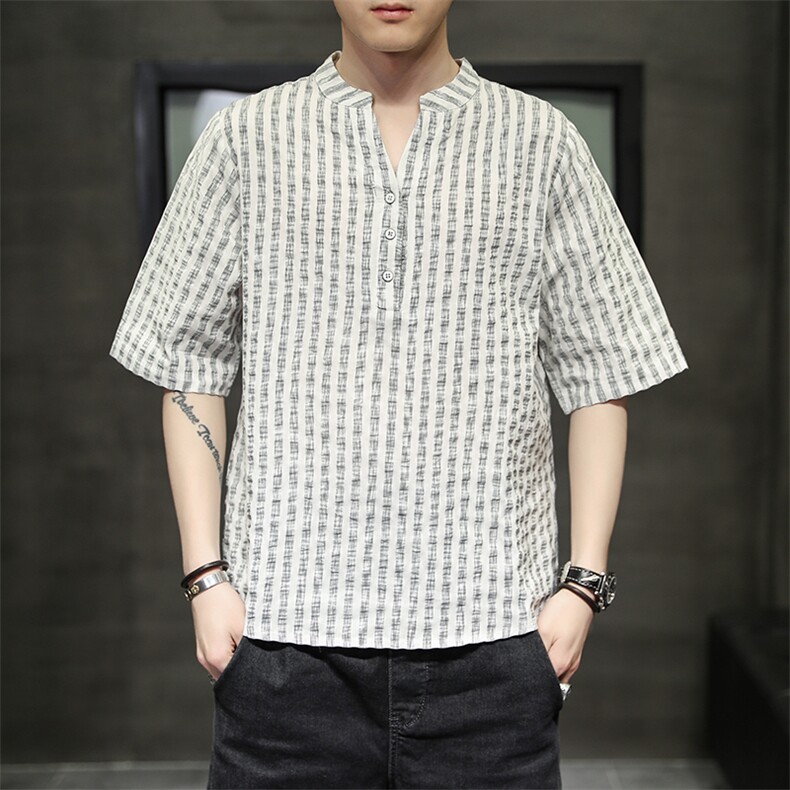 风立领衬衣休闲条纹衫短袖夏季休闲仿麻T117-P55，男装T恤，电商A227