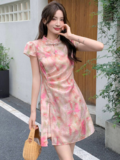 新中式g风改良旗袍套装女2026夏季新款洋气修身印花短裤两件套，女装套装/套裙，超帛