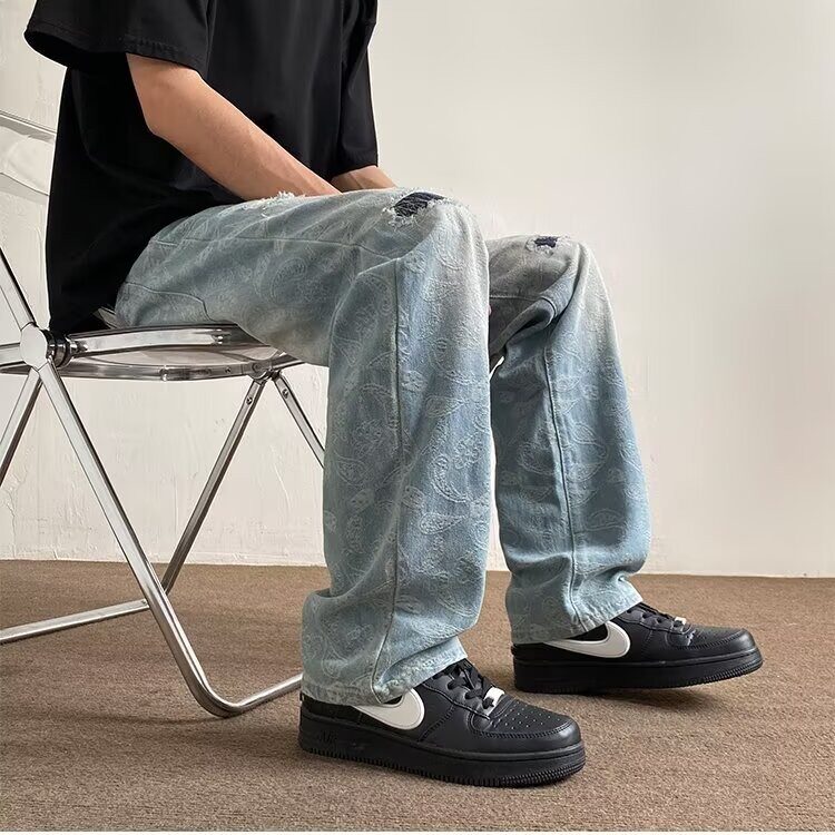 美式腰果花高街破洞牛仔裤男款水洗做旧微喇长裤KA7115-P53,男装牛仔裤,星座208-5