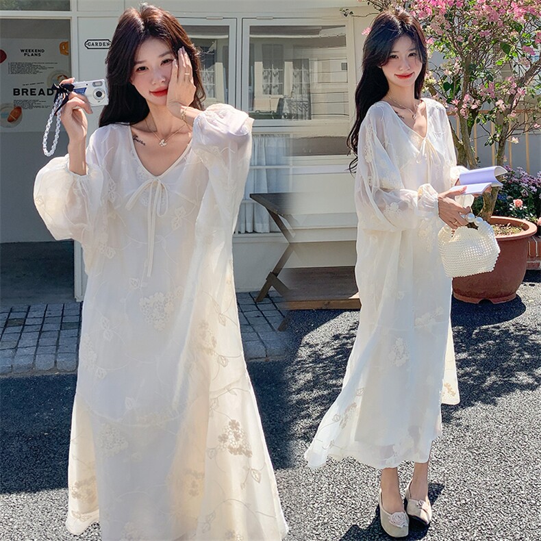 度假风白色蕾丝连衣裙套装女春秋2025新款吊带裙甜美法式优雅长裙,女装连衣裙,纯色衣恋