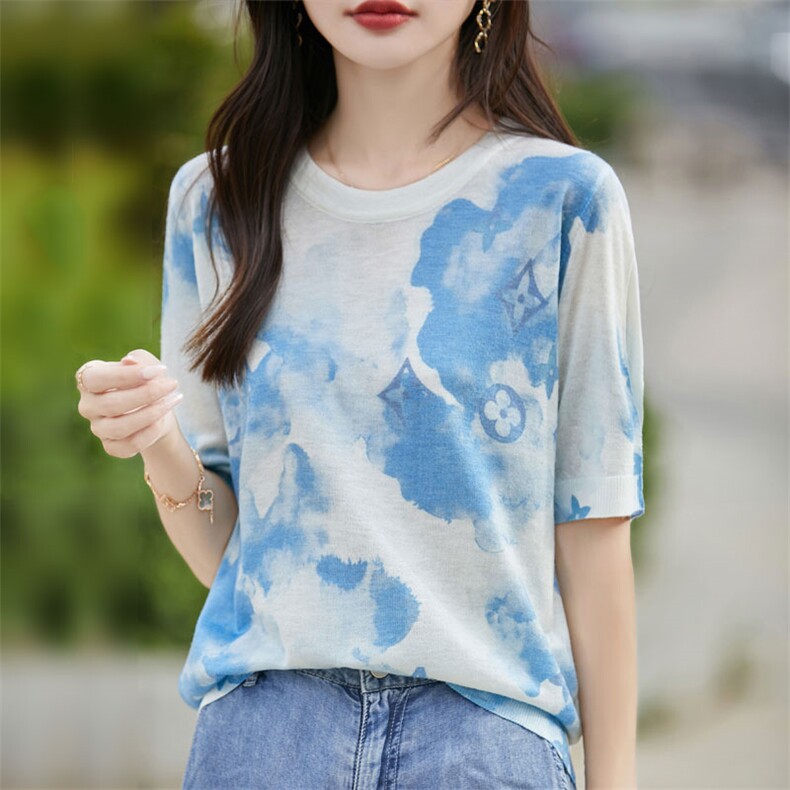 2025春夏新款圆领印花短袖女士精纺羊毛轻薄柔软透气减龄休闲T恤，女装T恤，暖烁特种纱工厂店