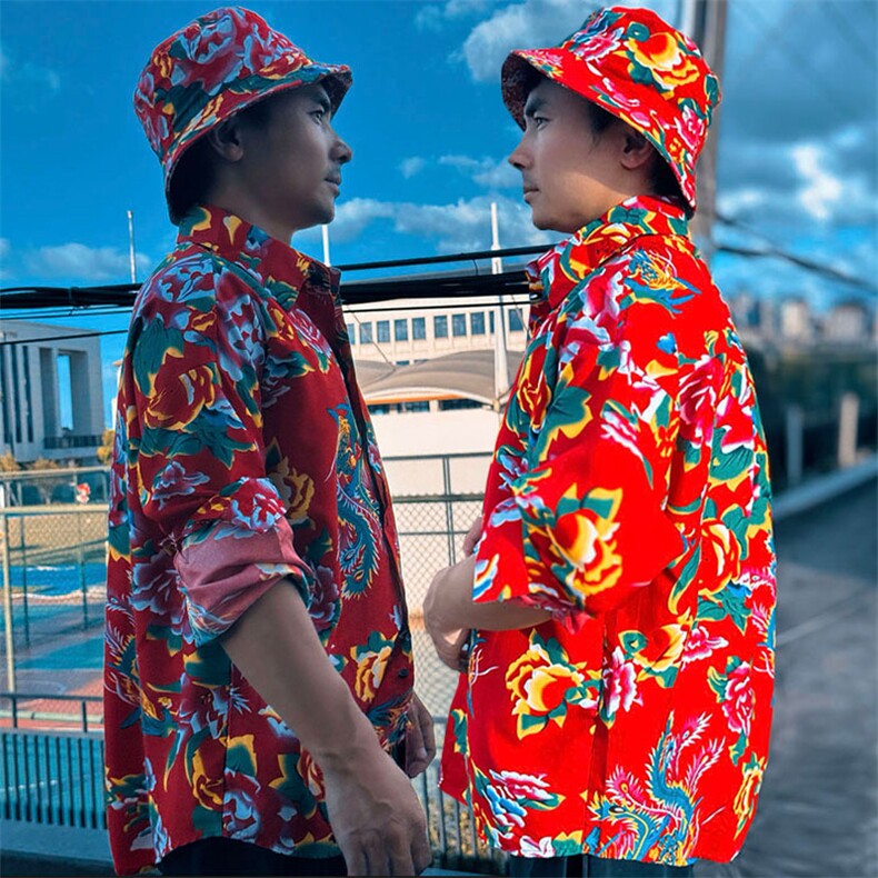 C203男士休闲长袖衬衫宽松文艺东北大花风民族衬衣喜庆情侣装,男装民族服装,星座115A-2