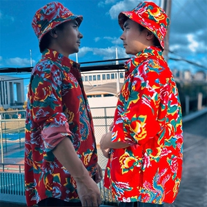 C203男士休闲长袖衬衫宽松文艺东北大花风民族衬衣喜庆情侣装