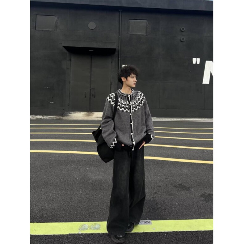 美式复古费尔岛毛衣男秋季高级感绞花针织衫圆领长袖上衣,男装针织衫/毛衣,四季星座505