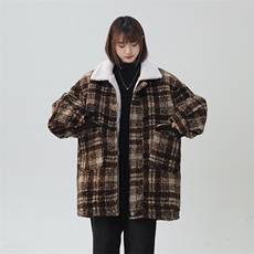 毛呢秋冬格子大衣翻领羊羔绒加绒加厚棉服宽松外套A170-M808-TP95，男装棉衣，电商A170
