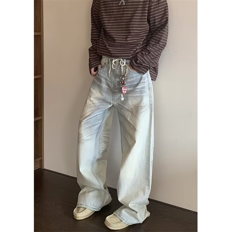 弯刀美式复古宽松早设计感直筒阔腿牛仔裤男休闲裤长裤 NK2645图片