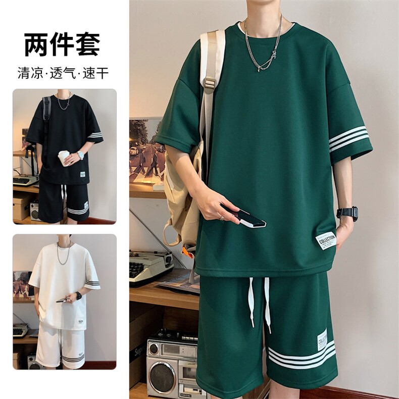 直播品质！2024夏季新款男士珠地短袖T恤套装学生一套TZP001P70图片
