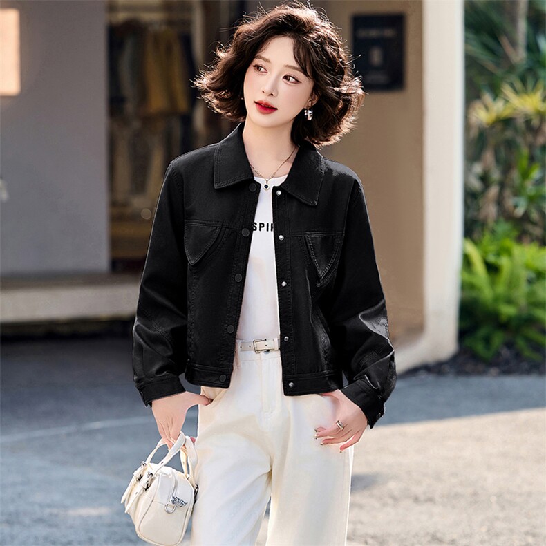 洋气减龄粉色短款皮衣外套女2025春新款小个子休闲翻领皮夹克上衣,女装皮衣,魅丽静蓝