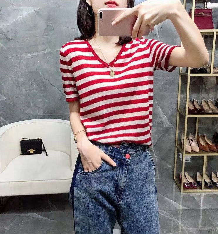 条纹纯棉针织短袖t恤女2025夏季新款v领宽松时尚棉麻上衣冰丝半袖,女装T恤,忠诺羊绒