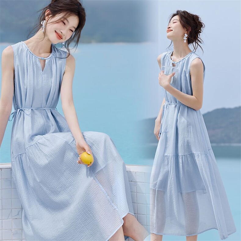 （现货）冰镇色调”收腰慵懒感长裙2025夏季新款法式茶歇连衣裙，女装连衣裙，韩蔻秀