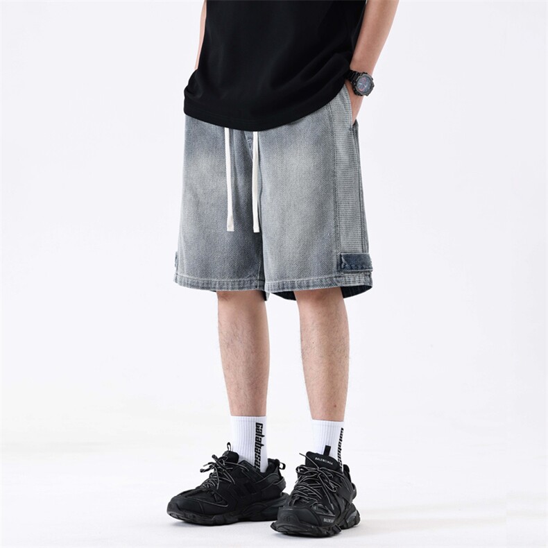 抽绳宽松拼接牛仔短裤男2025夏季高街显瘦宽松休闲裤328#-P55，男装牛仔裤，电商A178-1