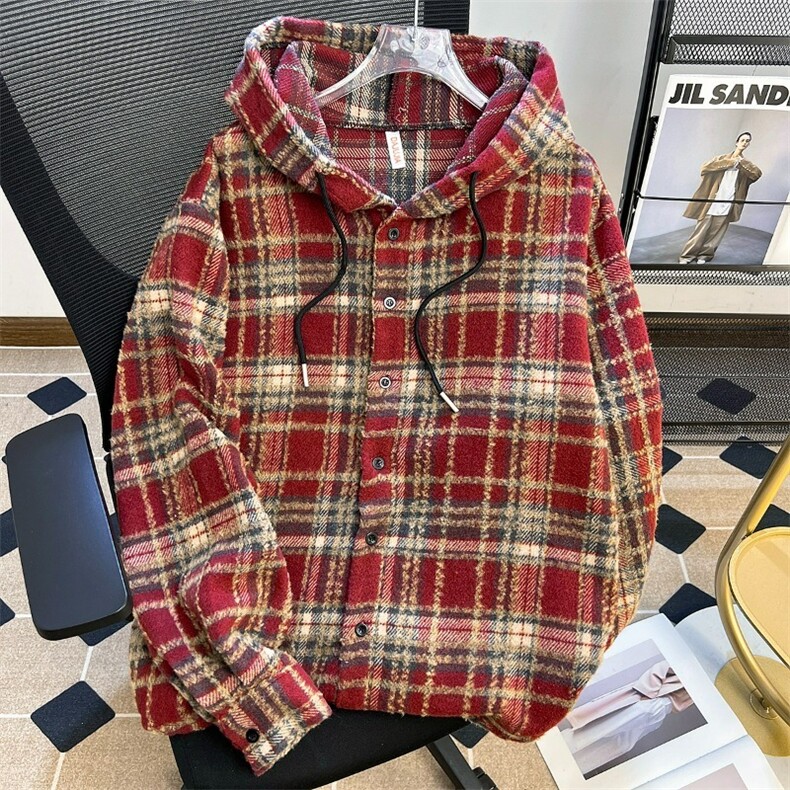 连帽毛呢衬衫男女秋冬潮慵懒风格子衫上衣保暖内搭衬衣HH614P52,男装衬衫,星座1013-5