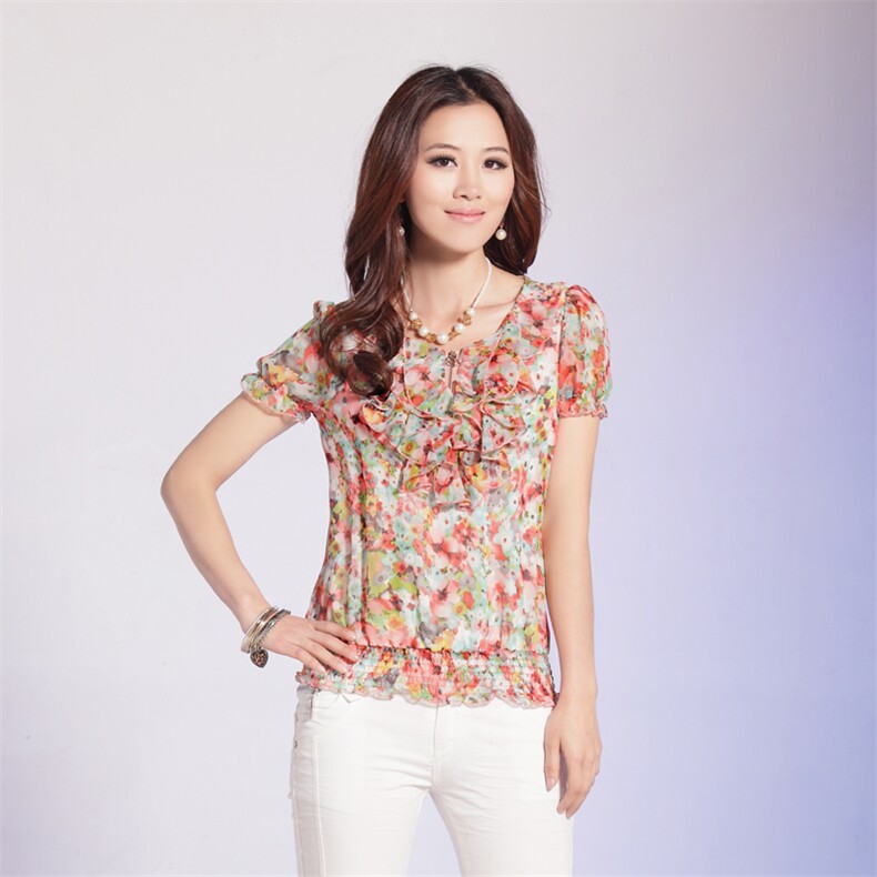优雅碎花雪纺衫女短袖夏季新款甜美荷叶边设计显瘦上衣，女装蕾丝衫/雪纺衫，超帛