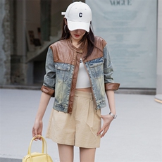 复古拼接牛仔外套女2025春秋新款韩版宽松小个子休闲短款夹克上衣，女装牛仔外套，潮流依族