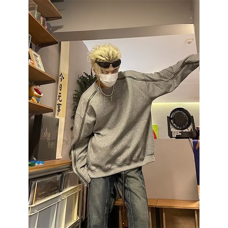 解构双拉链圆领廓形灰色长袖卫衣男休闲W16-P37,男装卫衣,星座1109-4