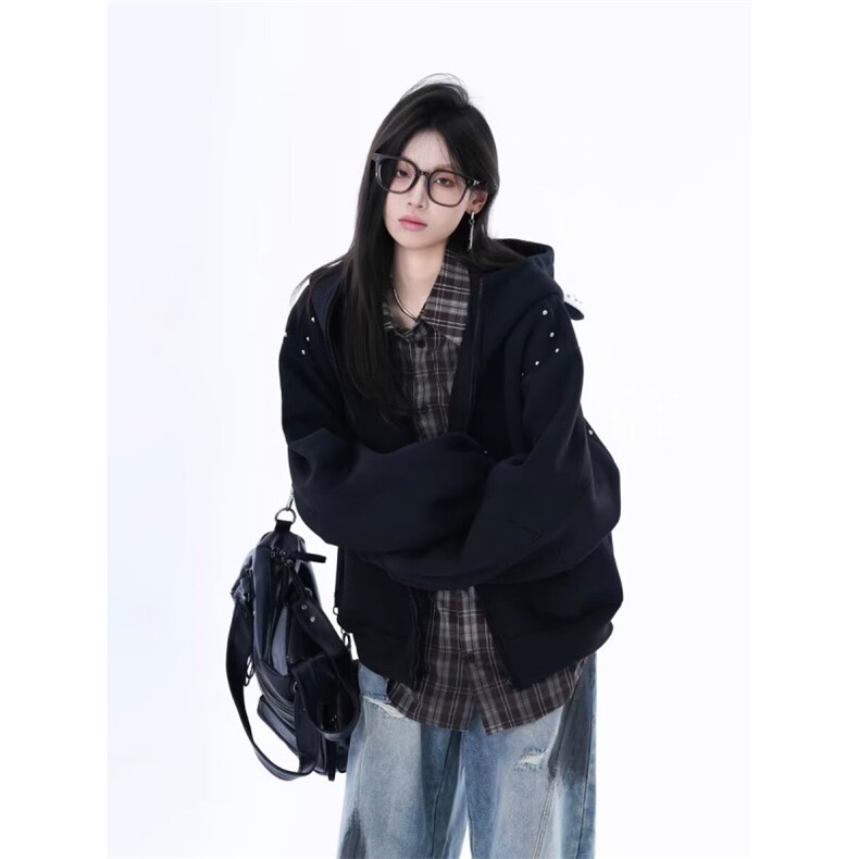 高质量美式拼接铆钉杜宾犬耳朵连帽情侣卫衣短外套网络图,女装短外套,星座410-6（原星座1304-1）