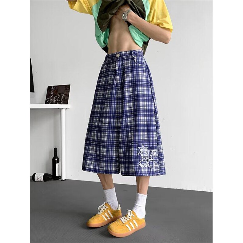 美式复古撞色格子七分休闲裤女夏季2025新款高腰宽松百搭直筒短裤图片