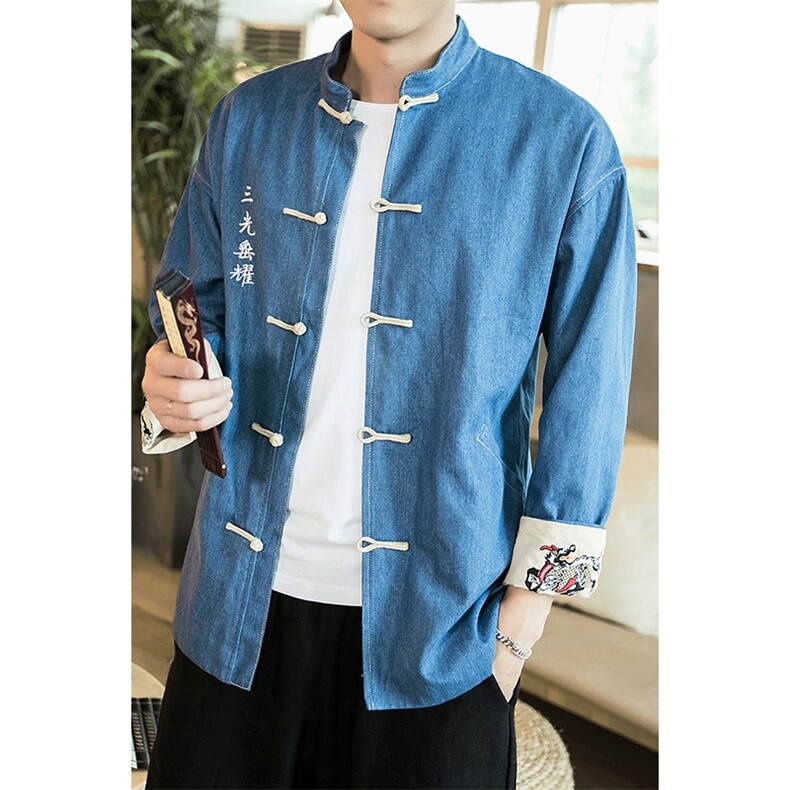 秋冬风刺绣大码休闲牛仔夹克立领情侣唐装外套潮JK17/P155,男装工装外套,钱塘713