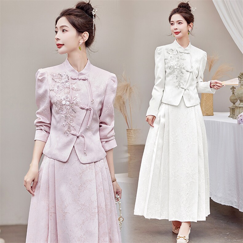 2025新款春秋装复古中国风绣花连衣裙女装礼服气质新中式套装裙,女装套装/套裙,芷墨服饰
