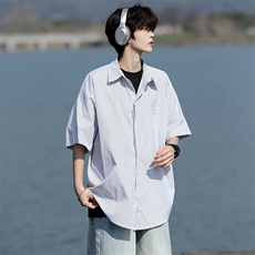 8XL-M条纹短袖衬衫男夏季宽松慵懒风痞帅大码衬衣外套DC28001P40，男装衬衫，电商B312