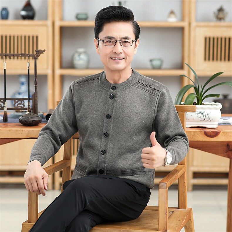 秋冬季加绒加厚系扣开衫中老年男保暖针织毛衣外套爸爸上衣,男装针织衫/毛衣,钱塘6003（原4033）