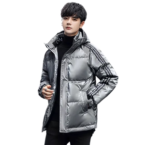 鲨鱼皮连帽免洗短款轻薄高品质白鸭绒羽绒服男外套亮面图片