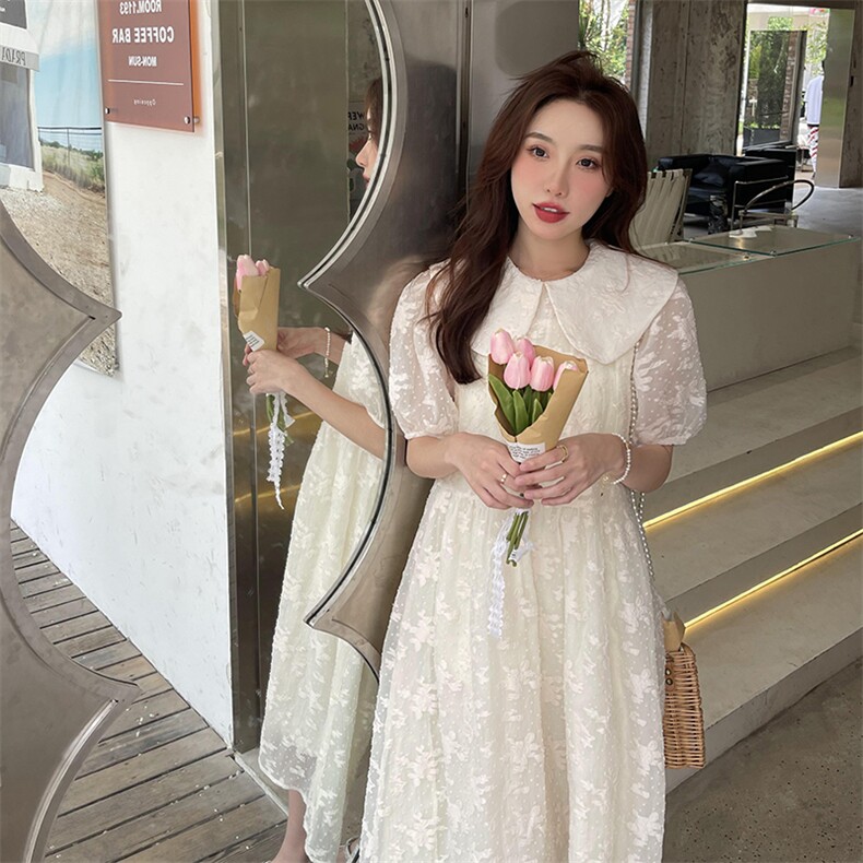 法式娃娃领蕾丝白色碎花连衣裙女夏2025新款高级感别致惊艳仙女裙,女装连衣裙,2C037