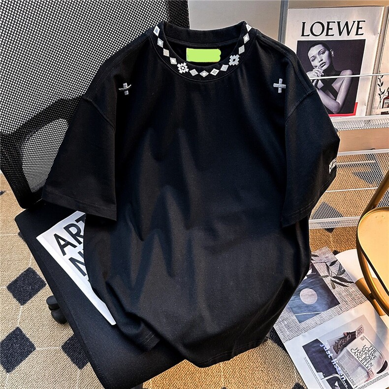 Q334-P40复古民族风几何项链刺绣短袖T恤男女宽松夏季情侣上衣,男装T恤,星座911-1