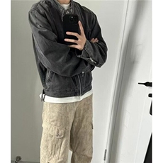水洗黑机车风夹克男无领多拉链设计宽松痞帅牛仔外套上衣JK8947，男装工装外套，星座1116A（原606A-3）