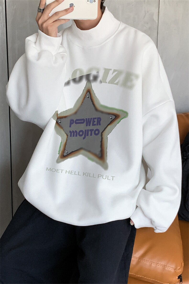 加绒加厚高领卫衣五角星印花落肩袖情侣款打底衫XZ514-2-G87-P48,男装T恤,星座514-2(原B239)