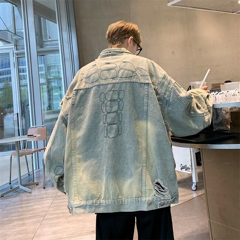 做旧破洞牛仔夹克男款春秋季潮牌设计感上衣重磅美式复古工装外套,男装夹克,星座410-7