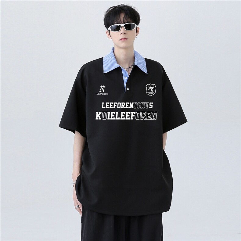 美式复古痞帅炸街翻领假两件拼接条纹潮牌短袖POLO衫T354-P48图片