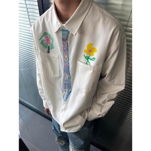 蜡笔手绘领带白衬衫男款春夏设计感学院风涂鸦dk衬衣潮CY1099-P46图片
