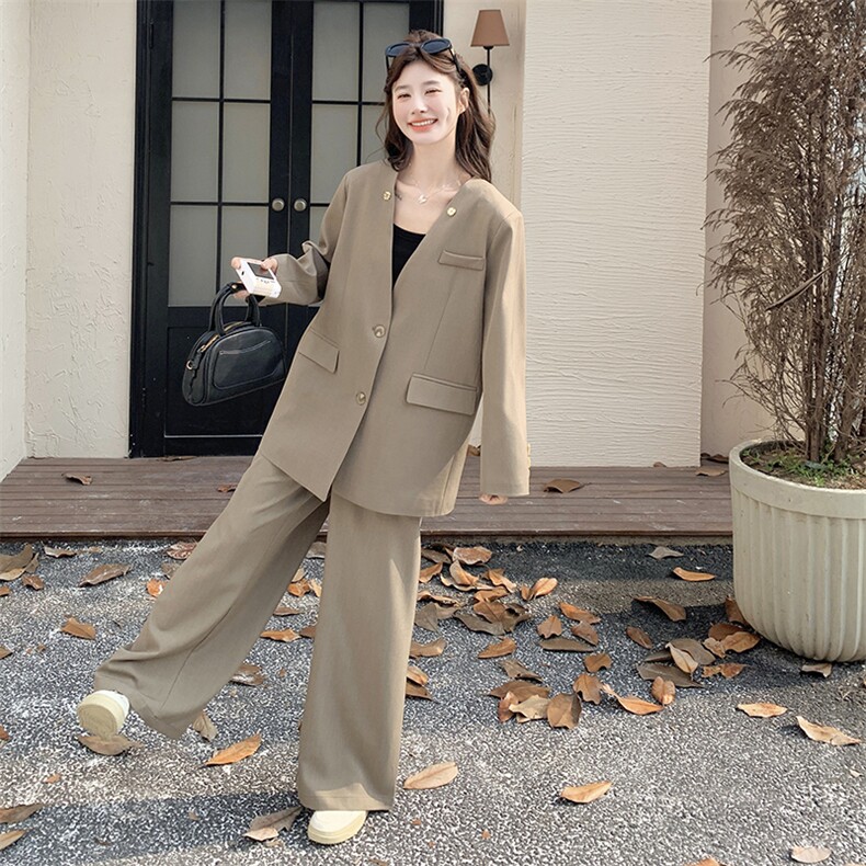 卡其色设计感韩系西服套装女2025年秋季新款西装休闲阔腿裤两件套,女装套装/套裙,2C116