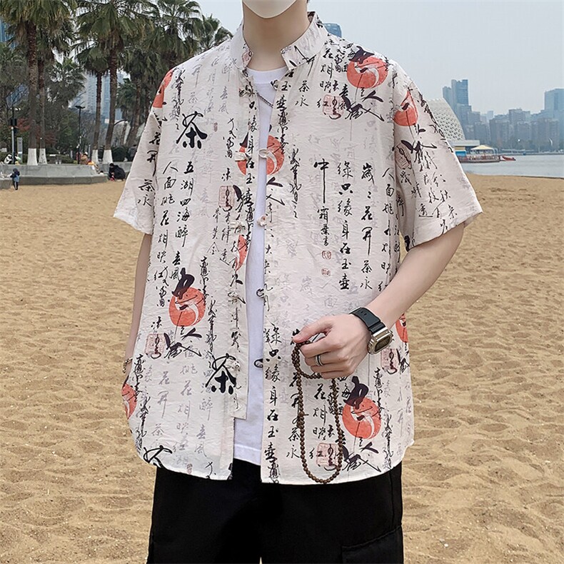 盘扣花纹短袖衬衫男复古唐装新中式风衬衣潮7010P40,男装衬衫,电商A056