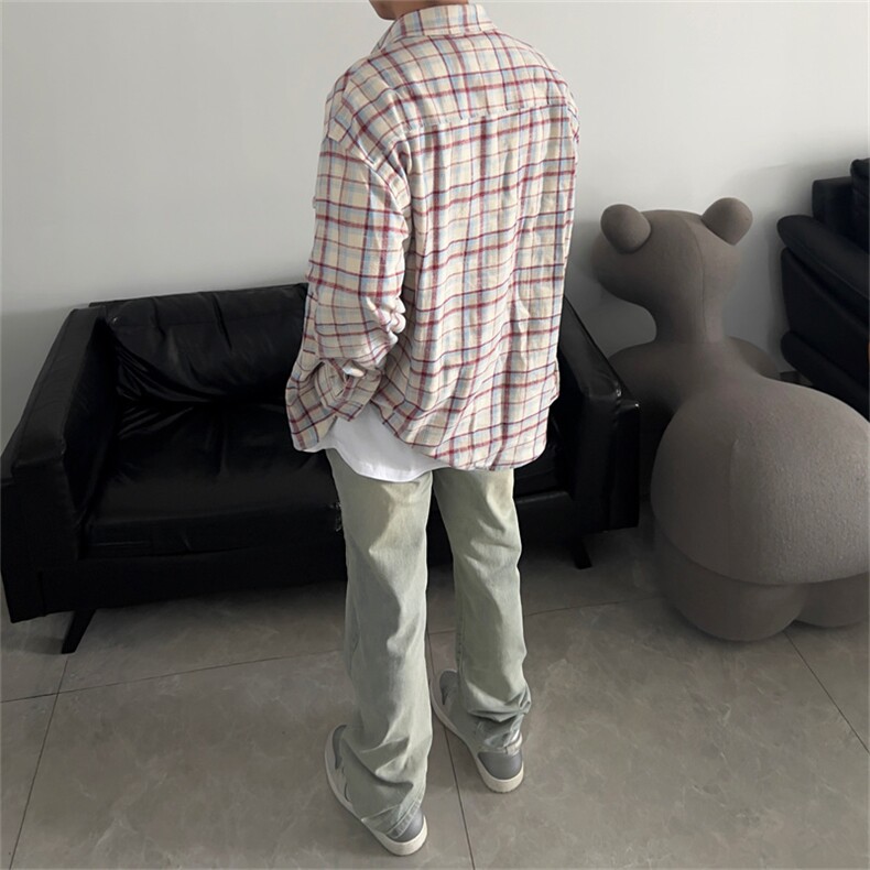 港风复古格子长袖衬衫外套男女春秋季宽松休闲防晒上衣潮C028-P40,男装衬衫,星座308B-2