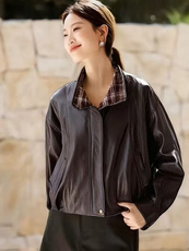 （现货）新款简约时尚摩登复古拼接格子皮衣外套女，女装皮衣，都市甄选