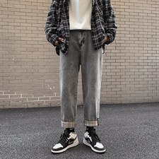 格子卷边搭扣牛仔裤男新款学院风情侣休闲老爹裤显瘦裤子，男装牛仔裤，星座302B