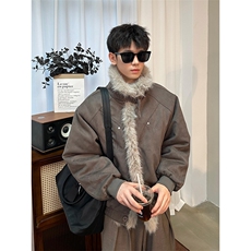 现货重磅硬挺boxy羽绒棉衣座山雕大毛毛领洗水麂皮棉服冬外套，男装棉衣，电商A486-1